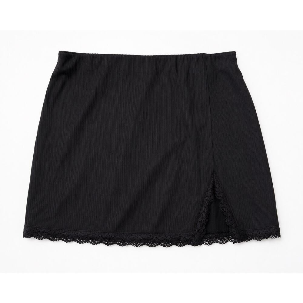 H&M Black Ribbed Mini Skirt Lace Trim Side Slit Stretch Y2K Size S - Picture 2 of 10